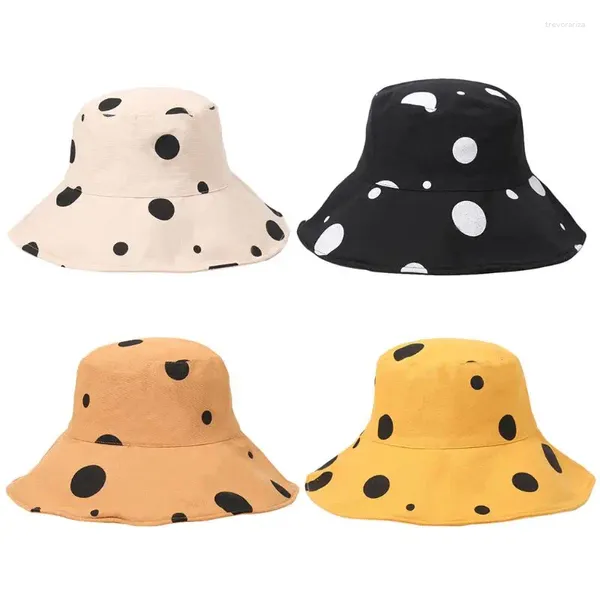 Berets Mulheres Verão Aba Larga Floppy Bucket Chapéu Vintage Irregular Polka Dot Imprimir Protetor Solar Dobrável Algodão Pescador