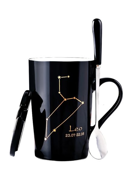 Keramikbecher 12 Sternbilder Kreative Tassen mit Löffeldeckel Schwarze Tasse Porzellan Sternzeichen Milch Kaffeetasse Trinkgeschirr Paare Geschenk 231228