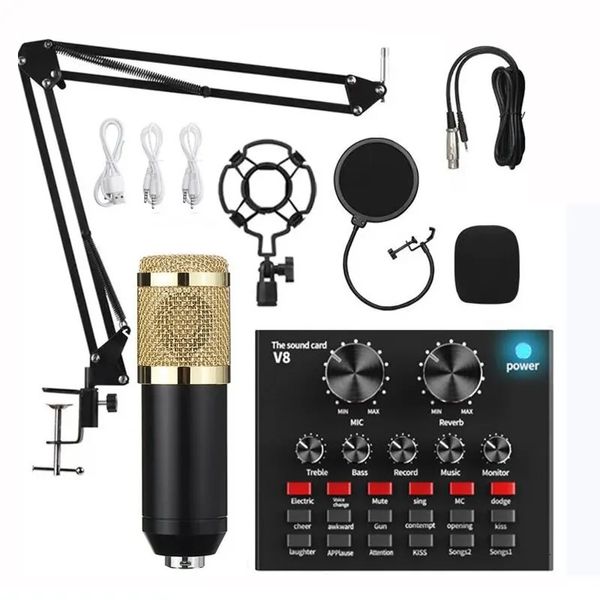 Kit de microfone condensador profissional com placa de som v8 conjunto para streaming ao vivo microfone casa karaokê estúdio 231228