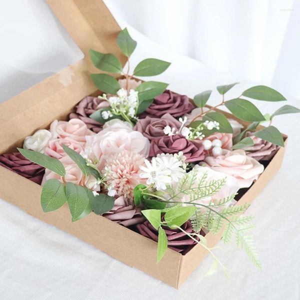 Noel Süslemeleri Yapay Düğün Çiçekleri Kutu Seti DIY Çiçek Düzenlemeleri İçin Sahte Tozlu Gül Kombo Centerpieces Buketler