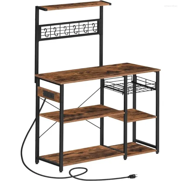 Armazenamento de cozinha MAHANCRIS Bakers Rack com tomada de energia Suporte de micro-ondas Industrial Coffee Bar Wire Basket