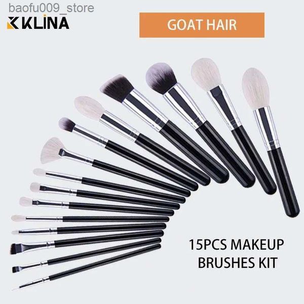 Pincéis de maquiagem KLINA 15PCS Cabelo de cabra Pincéis de maquiagem Set Kit Presente para mulheres Profissional Natural Make Up Cleaner Pó cosmético Eye Lip Tool Q231229