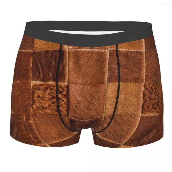 Cuecas marrom xadrez de couro patche boxer shorts para homens 3d impresso pele textura de couro cueca calcinha estiramento