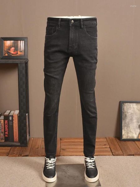 Calças de brim masculinas retro preto simples clássico estiramento fino estilo coreano elegante lavado angustiado calças casuais