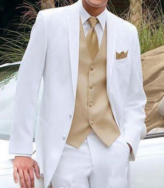 Smoking de casamento branco e dourado para homens, mais recente blazer 3 peças com lapela entalhada, ternos masculinos personalizados, jaqueta e calças, 2209052, 2019