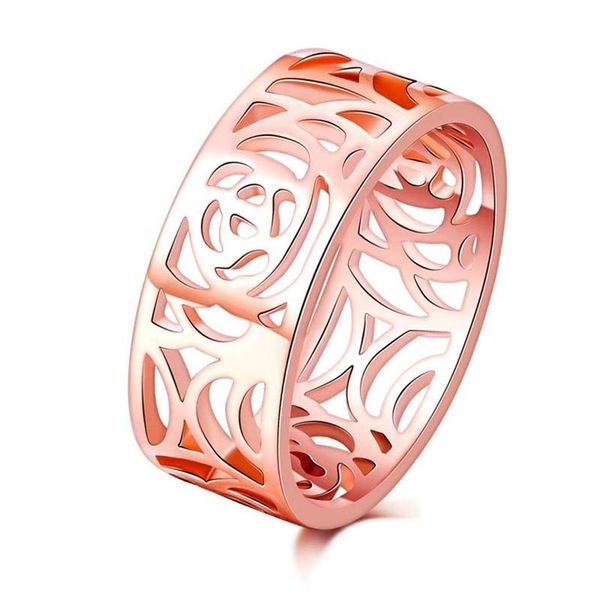 Top-Qualität, modisch, trendig, 8 mm, 18 Karat Roségold vergoldet, Blumen-Vintage-Hochzeitsringe für Frauen, hohles Design anillo275S