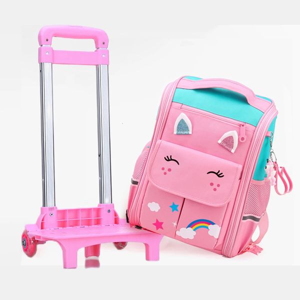 School Wheeled Rucksack für Girls School Trolley Bag Räder Lunchtasche Rolling Rucksacktaschen für Kinder mit Räder Taschen Mochila 231228