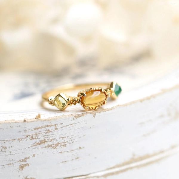 Anéis de cluster Japonês Agete outono e inverno natural âmbar topázio verde ágata azeitona multi-gem 925 anel de prata esterlina
