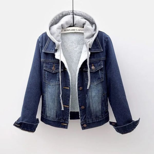 Plus Größe S-5XL Herbst Winter Jacke Frauen Plus Dünne Kaschmir Mit Kapuze Denim Jacken Weibliche Beiläufige Kurze Jean Mantel Jacke weibliche 231229