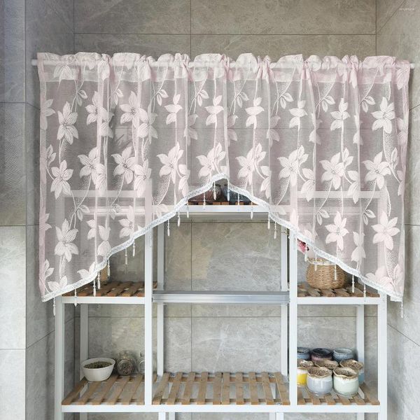 Gordijn 1PC Roze Bloemen Kort Voor Keuken Klein Raam Pure Drape Met Kralen Onderkant Kast Studie Cafe Blind #E