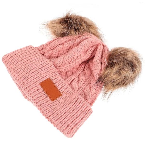 Berretti 2 pezzi doppio pompon bambino berretto per bambini cappello berretto da bambino berretto lavorato a maglia autunno caldo uncinetto ragazze ragazzi cappelli (rosa pelle)