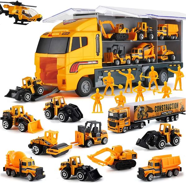 10 in 1 giocattoli da costruzione camion deposito pressofuso veicolo trasportatore set di auto escavatore discarica scavatrice terna per regalo per bambini 231228