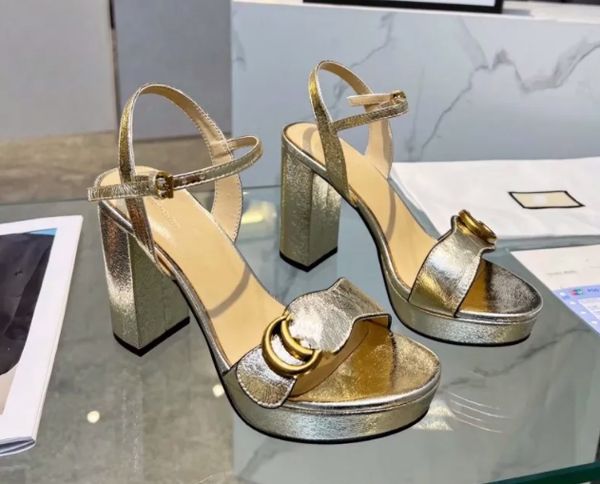 Sandali con tacco largo da donna GU Sandali con zeppa con plateau pelle di pecora CI fibbia in metallo dorato sposa scarpe eleganti da sposo Tacchi alti Scarpe da festa di nozze ad incastro