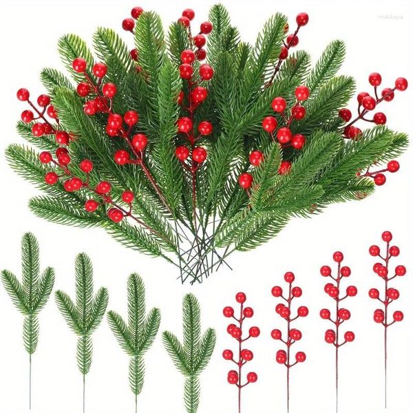 Flores decorativas 30 piezas de ramas de pino artificiales, bayas de acebo y tallos de frutos rojos se utilizan para decorar árboles de coronas navideñas
