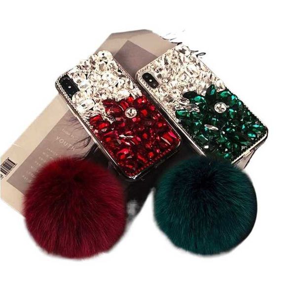 Capas de telefone celular de alta qualidade Capas de telefone celular Bling Crystal Diamond Fox Fur Ball Pingente Capa para Iphone 12 Pro XS Max XR X 8 7 6S Plus d Galaxy Note 910 S8910 32IG