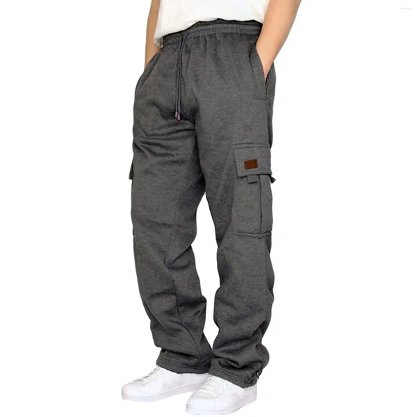 Мужские брюки 2024, осенние спортивные штаны, мужские повседневные спортивные штаны с несколькими карманами на эластичной завязке, мужские свободные прямые брюки из флиса для фитнеса