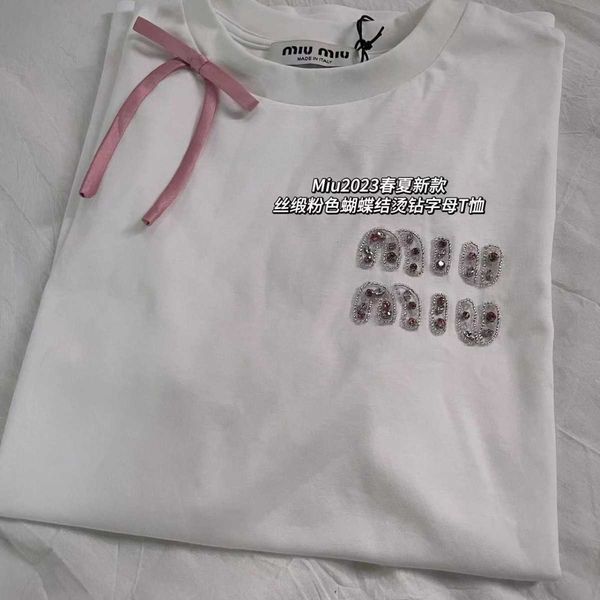 23 Verão Miu * Letra cravejada de diamante rosa fita laço branco camiseta de manga curta