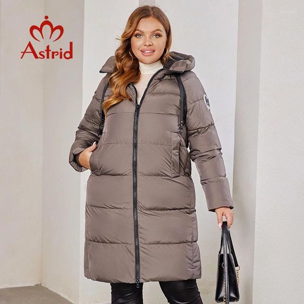 Abrigos de trinchera para mujer Astrid 2023 Invierno Parka Abrigo Mujer Chaqueta Larga Cálido Tela brillante Moda con capucha Tamaños grandes Ropa femenina 8675