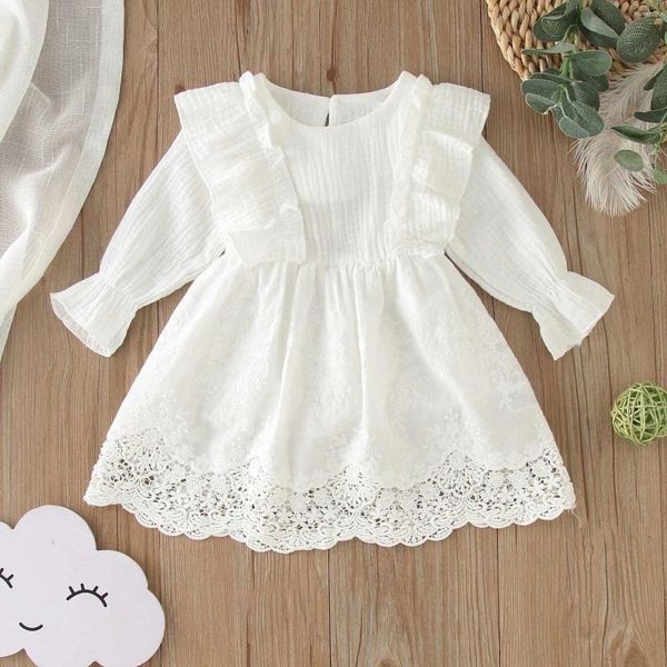 Mädchen Kleider Kleinkind Baby Casual Langarm A-Linie Rüschen Baumwolle Spitze Hohe Taille Prinzessin Party Hochzeit Für 0-24 Monate