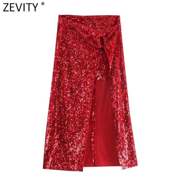 Kleider Zevity Frauen Mode Fliege Rot Pailletten Asymmetrische Midi Rock Faldas Mujer Dame Chic Seite Zipper Split Samt Vestido QUN946