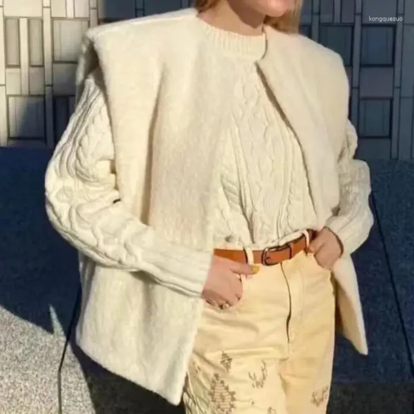 Женские куртки, женский белый жилет, осень-зима 2023, женские модные топы с круглым вырезом, без рукавов, шерстяные повседневные женские пальто