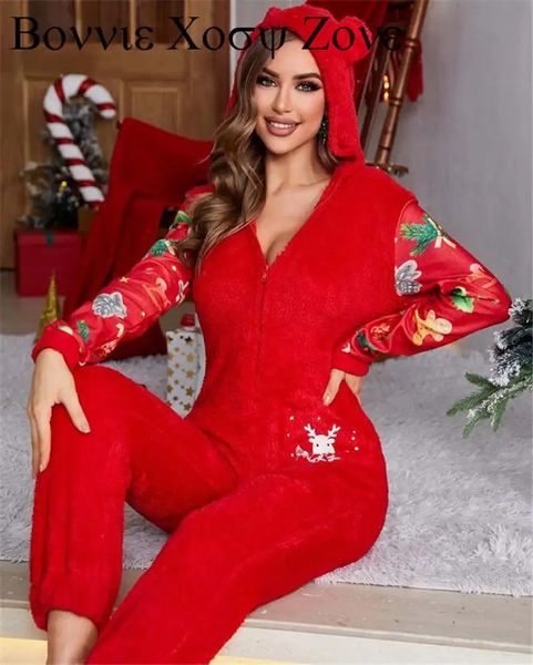 Pijamas femininos onesie para mulheres impressão gráfica de natal 3d orelha funcional fofo lounge casual com capuz manga longa macacão 231228