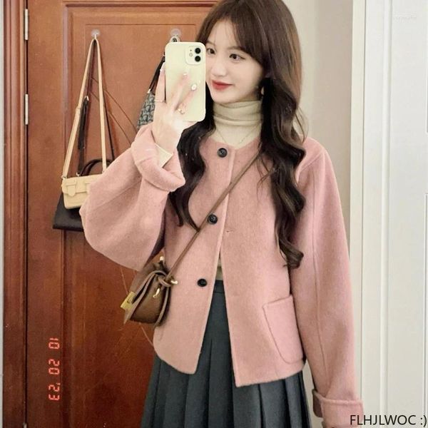 Женские куртки, милые короткие розовые шерстяные пальто в стиле ретро в стиле ретро, элегантный корейский японский стиль для девочек, офисные женские шерстяные пальто 2024, зима-весна