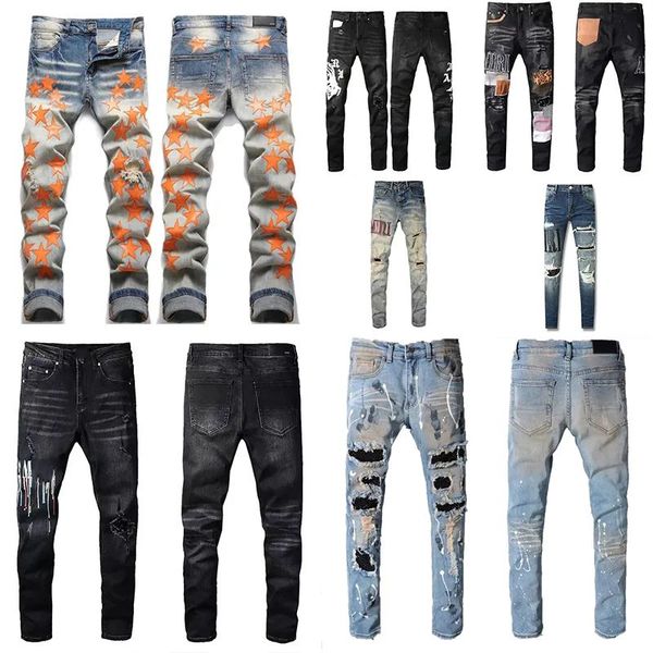 Designer-Jeans „Amirs“ für Herren, lila Jeans, Ksubi-Jeans, JNCO-Jeans, High Street Hole Star Patch, Herren-Denim-Jeans mit Stern-Stickerei, Stretch, Slim-Fit-Hose, True Jeans