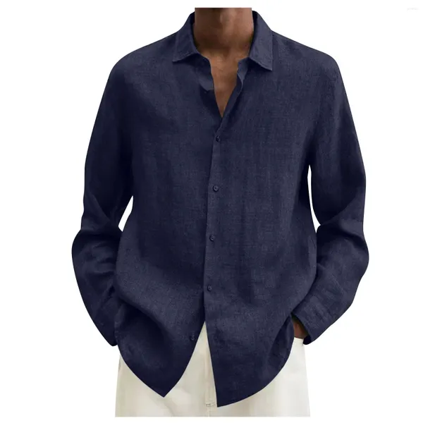 Camisas casuais masculinas primavera verão algodão linho blusa cor sólida manga longa solta roupas finas topo macio