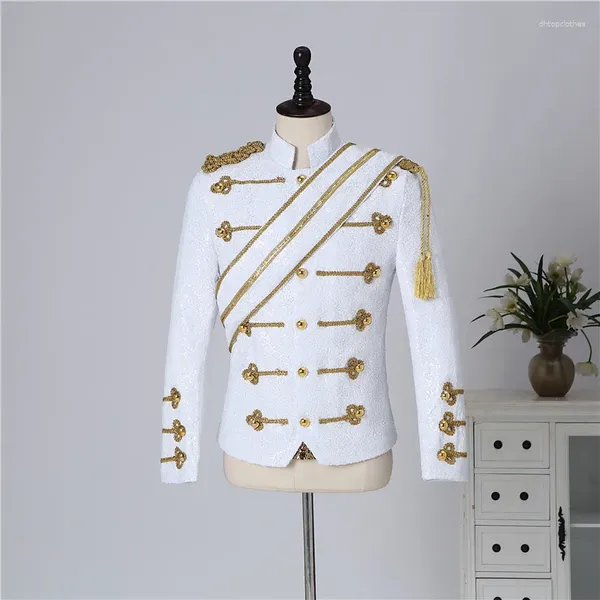 Abiti da uomo Giacca Steampunk con paillettes nere Colletto alla coreana Design con nappe Discoteca Costumi da ballo per feste Cappotto da uomo monopetto bianco