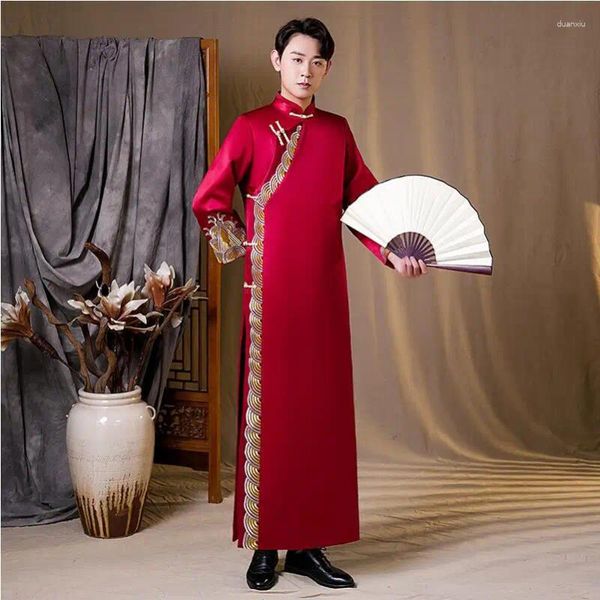 Этническая одежда, свадебные костюмы жениха, мужской красный Cheongsam, платье жениха, длинное платье, традиционное китайское Ципао для мужчин