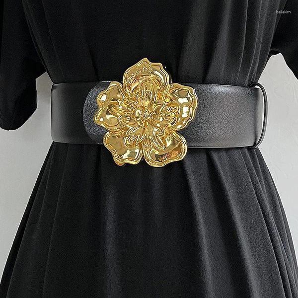 Disegni di cinture Doppi lati disponibili Fibbia in metallo con fiore grande Cintura larga in vera pelle di vacchetta Gonna decorativa da donna in vita