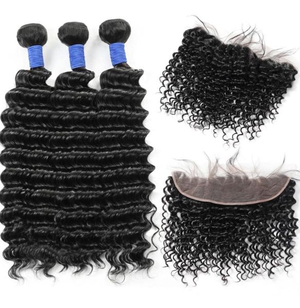 10A Onda Profunda Brasileira 3 Pacotes com 13 * 4 Lace Frontal Peruano Malaio Cabelo Humano Pacotes com Fecho Atacado para Mulheres Todas as Idades Jet Black6417198