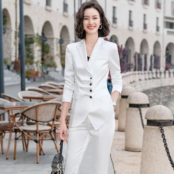 Frauen Zweiteilige Hosen Frauen Mode Hosenanzug Plissee Blazer Jacke Und Hose Büro Damen Weiß Blau Schwarz Weibliche Formale Set