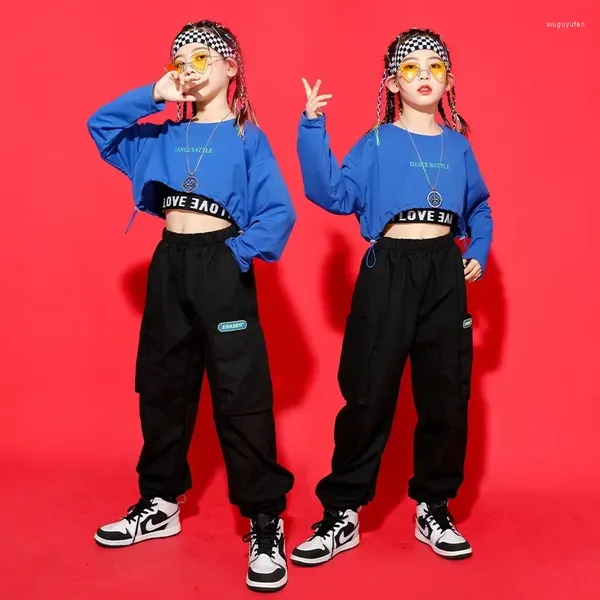 Palco desgaste criança kpop hip hop roupas azul colheita top manga longa camiseta streetwear carga jogger calças para menina jazz dança traje roupas