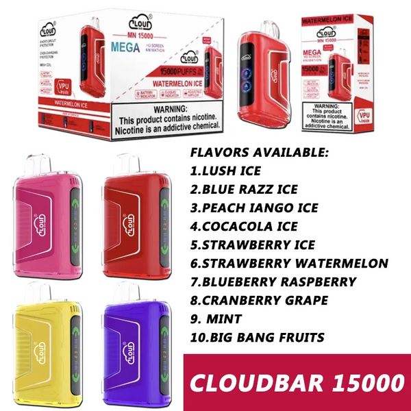 Orijinal bulut çubuğu 15000 puf tek kullanımlık vapes puf 15k e-sigaralar tek kullanımlık 23ml daha büyük 850mAh 0% 2% 3% 5% bölme örgü bobin 650mAh şarj edilebilir pil 10 flaovrs