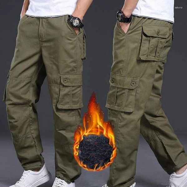 Calças masculinas casuais carga espessa velo multi-bolso militar em linha reta calças soltas masculino macacão cintura elástica ao ar livre