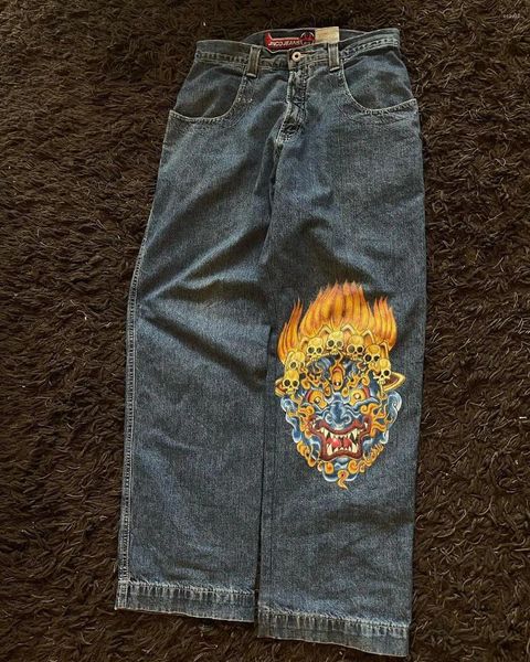 Jeans da uomo stampati con cerniera lavata e giunture Pantaloni dritti larghi di nicchia retrò europei e americani di marca di moda Y2K