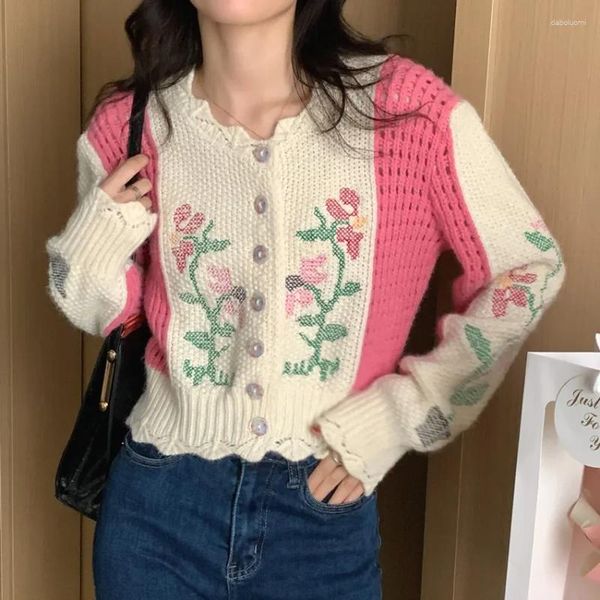 Malhas femininas de malha crochê cardigan camisola curta 2023 moda coreano solto single-breasted jaqueta topo de colheita