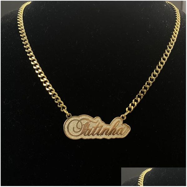 Colares Pingente Nome Personalizado Gravado Colar Cubana Cadeia Personalizada Placa de Identificação de Aço Inoxidável Letras Personalizadas para Mulheres Menina Dhstz