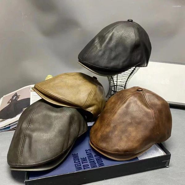 Berets Britische PU-Lederkappe Männlich Retro Vorwärtshut Männer Casual Frauen Winter Reine Farbe Baskenmütze Hüte Zeigen Gesicht Kleine Achteckige