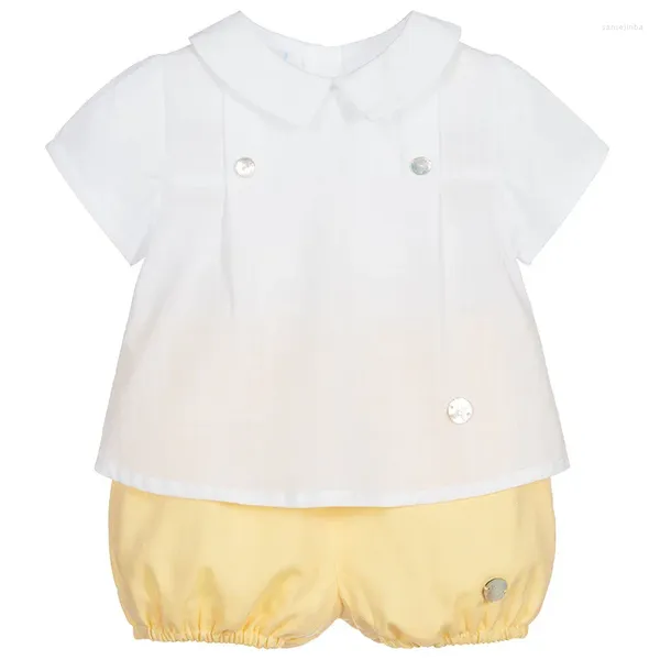 Conjuntos de roupas espanhol bebê menino roupas conjunto 2023 verão crianças roupas batismo aniversário terno criança camisa branca shorts amarelos