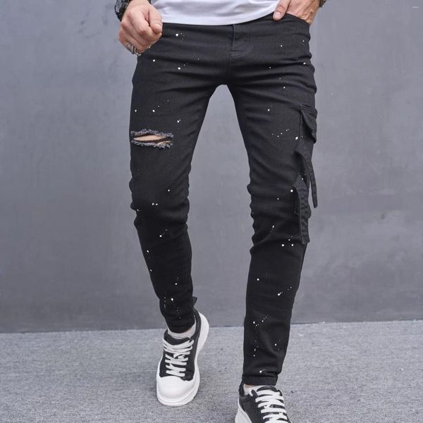 Jeans masculinos motocicleta alça preta bolso lateral rasgado denim tinta pulverizada stretchy skinny calça lápis