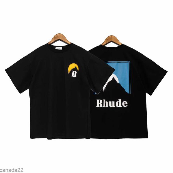 Männer Frauen T-Shirts Designer Herren Rhude T-Shirt Fitness Rundhalsausschnitt Rundhalsausschnitt Klassisch Amerikanische Freizeit Sommer Schnee Berg Sonnenuntergang Gedruckt Übergroße Kurze Ärmel CQQD