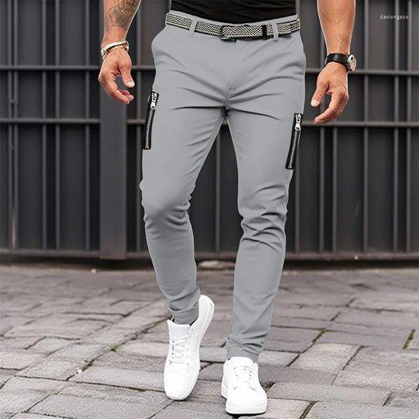 Calças masculinas homens algodão negócios calças casuais homens streetwear jogger lápis vintage zip up carga longa pantalon homme