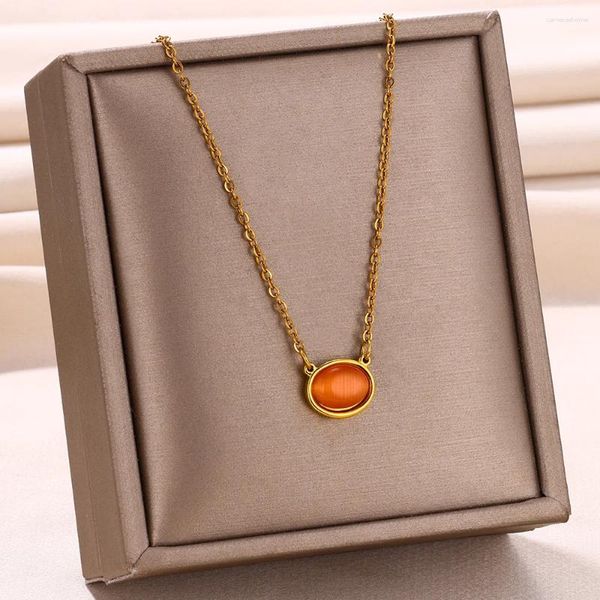 Kolye Kolyeler Minimalist turuncu opal kolye Kadınlar için Modaya uygun paslanmaz çelik oval gerdan