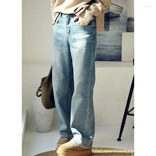 Jeans femininos MICOCO N7130C Literary Wash White Scratch Grosso Baggy Calças jeans de cintura alta com perna reta