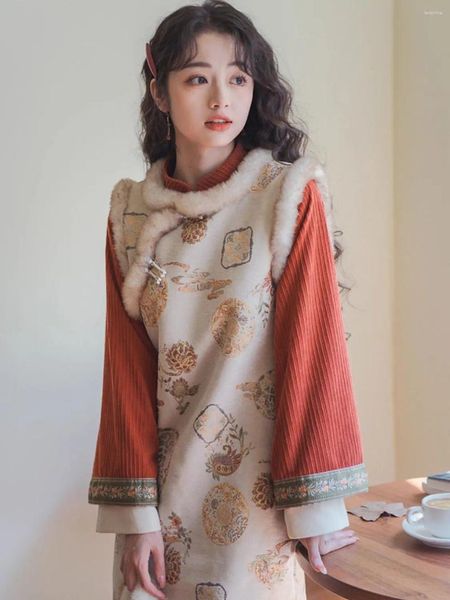 Abbigliamento etnico 2023 Autunno Inverno Stile cinese addensato Cheongsam Rosso Set Qipao Temperamento elegante Abito tutto-fiammifero