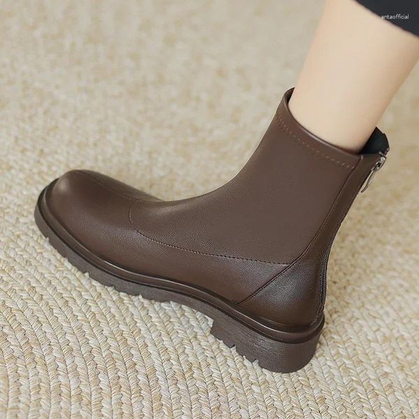 Botas 2023 sapatos de inverno mulheres couro genuíno redondo toe patform tornozelo estiramento plano