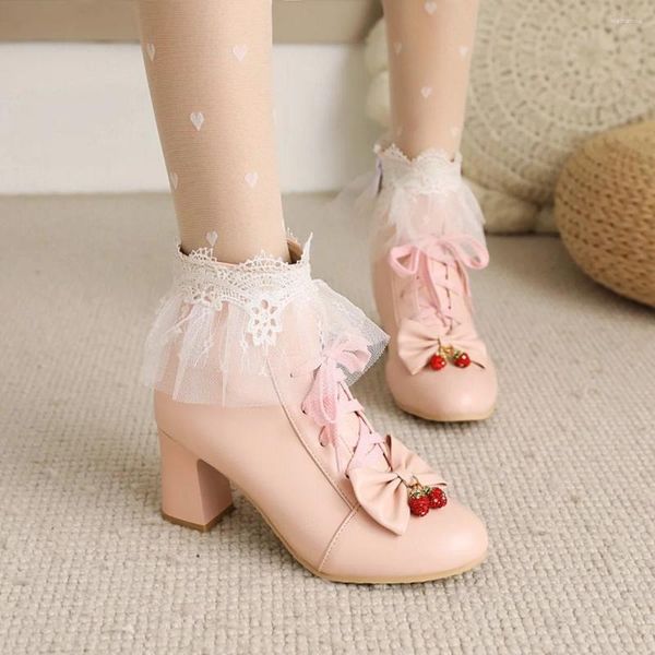Botlar kadın yuvarlak ayak bowknot dantel ayak bileği yüksek topuk ayakkabı kalın lolita tatlı cosplay x-mas hediye boyutu 32-43 a012023